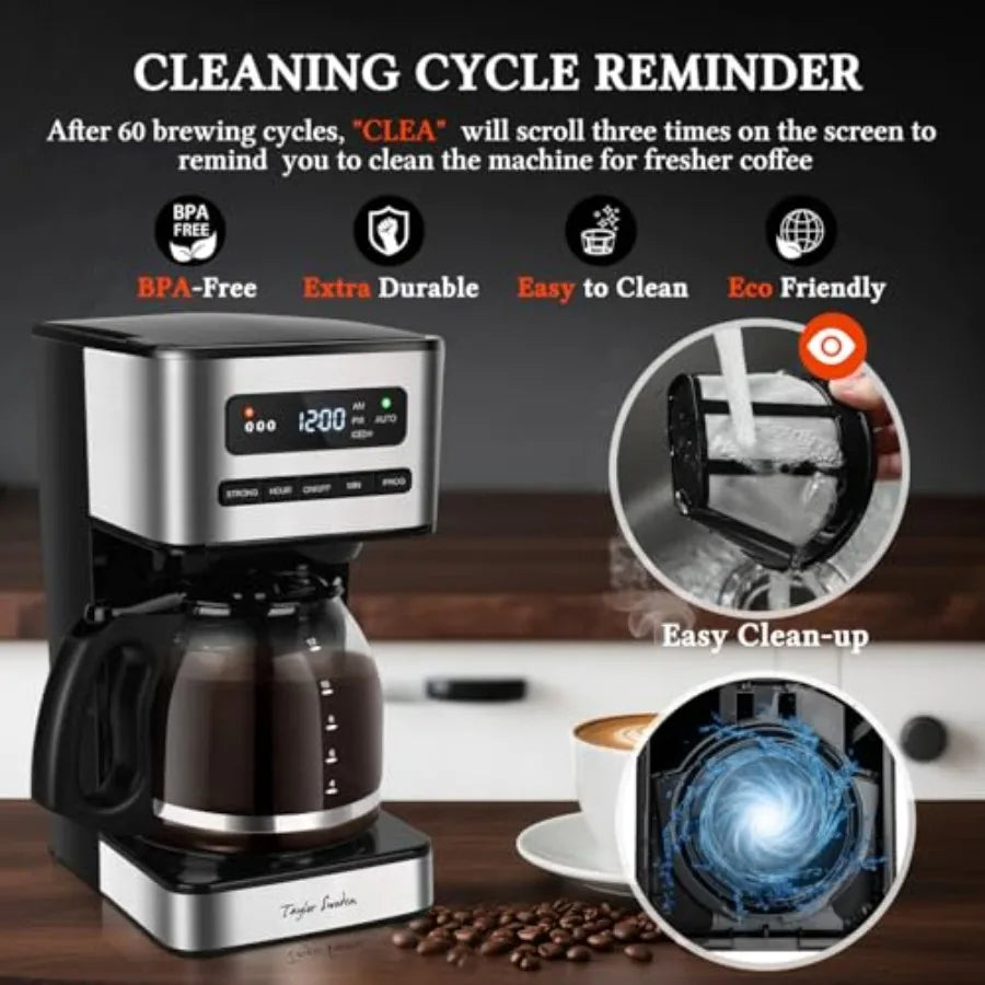 Programmable 12 Cup Coffee Maker for Home/Office Black Stainless Steel Drip Coffee Machine with 4 Brew Strength LED Display 24H