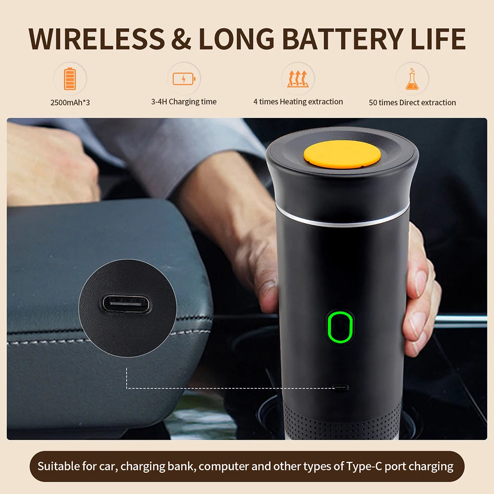 Wireless Electric Portable Espresso Coffee Machine for Car & Home Camping Coffee Maker 3-in-1 Capsule Powder Travel Coffee Maker