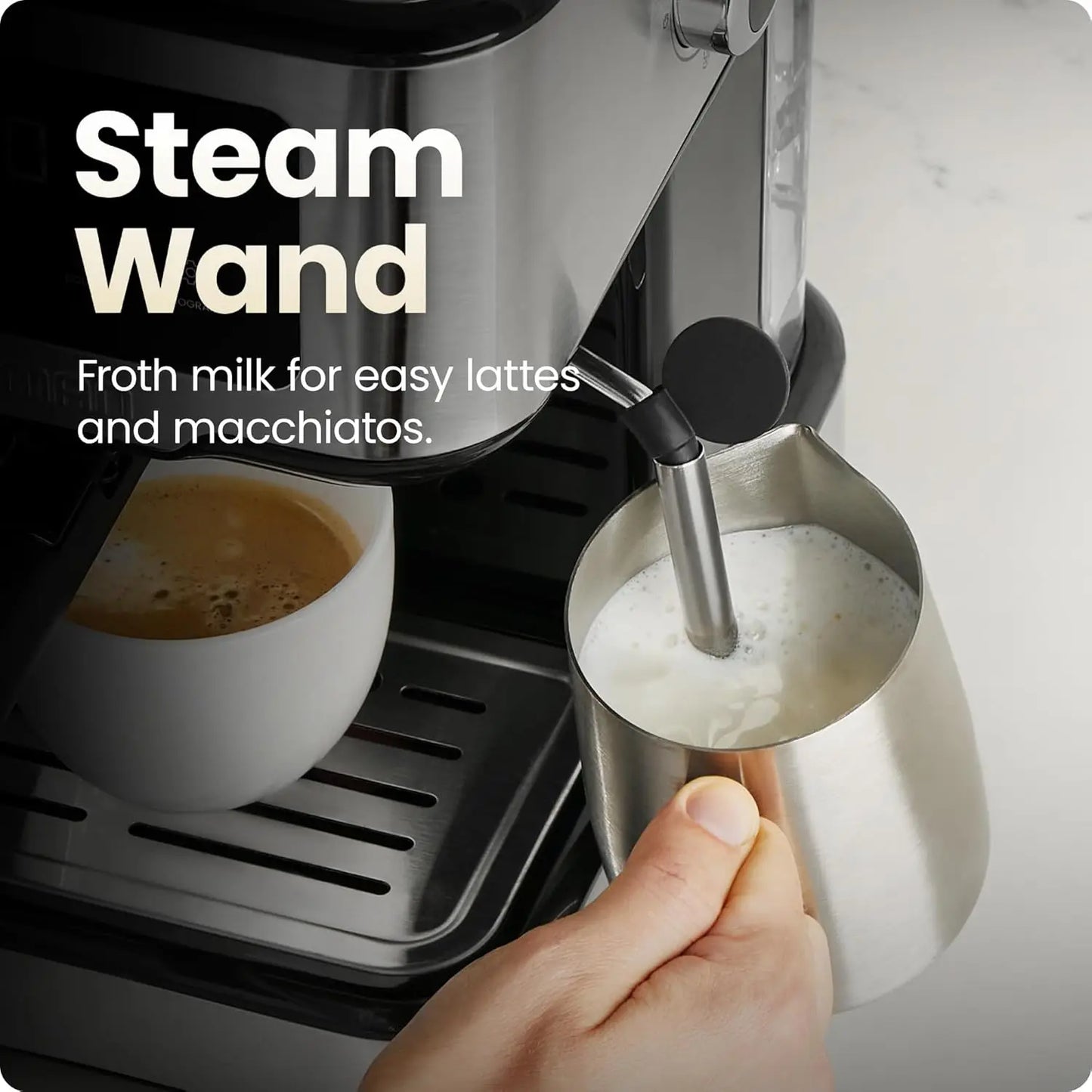 15-Bar Digital Espresso Machine with Steam Wand for Lattes, Compact Design and Removable Water Tank
