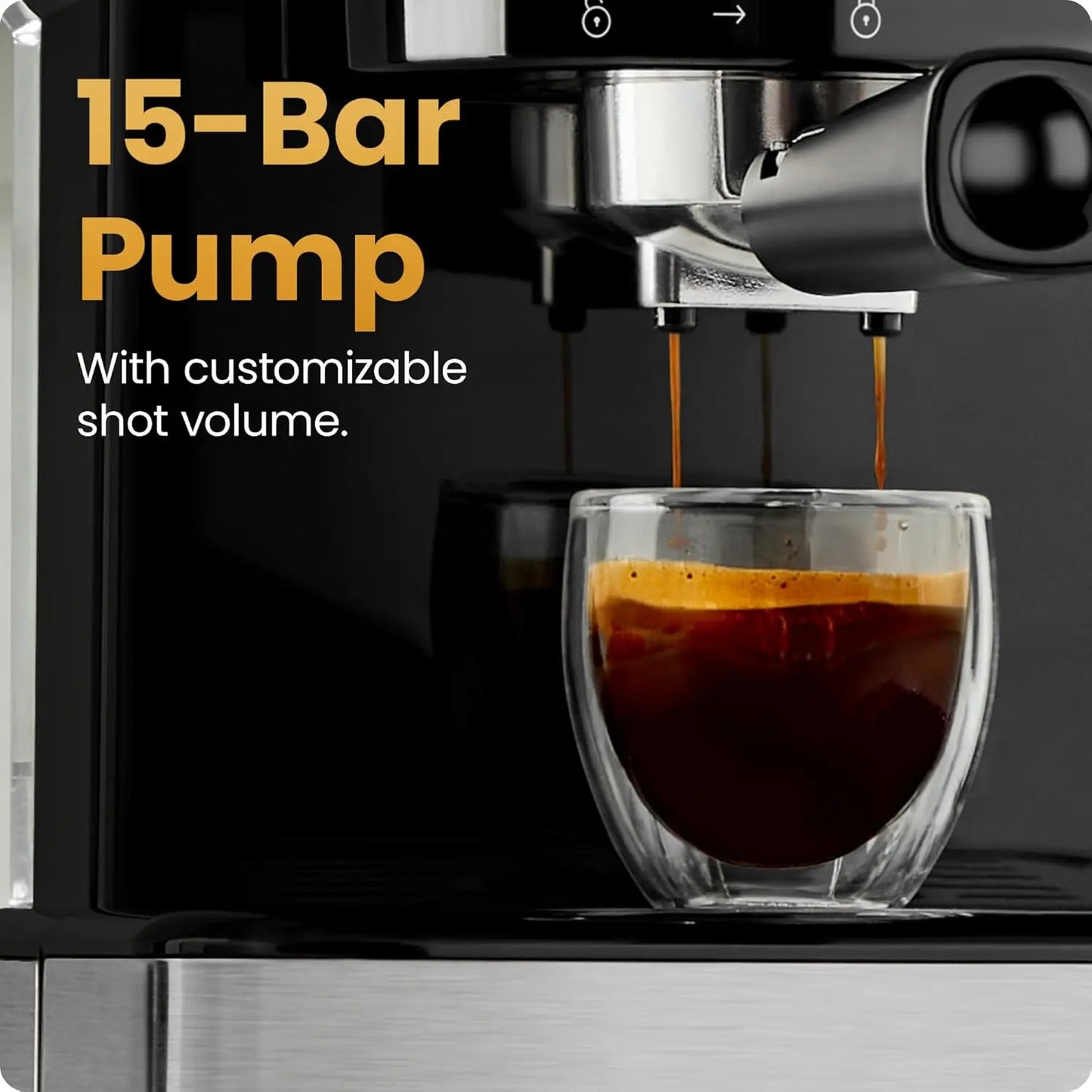 15-Bar Digital Espresso Machine with Steam Wand for Lattes, Compact Design and Removable Water Tank