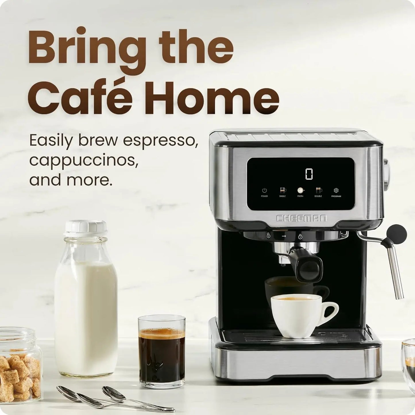 15-Bar Digital Espresso Machine with Steam Wand for Lattes, Compact Design and Removable Water Tank