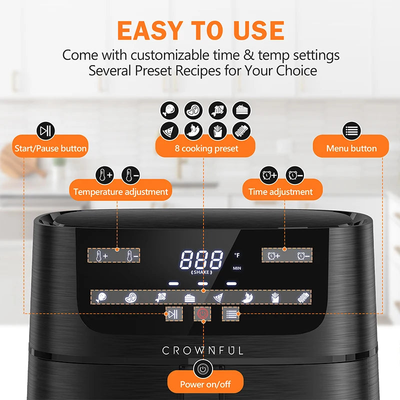 CROWNFUL Air Fryer 7L Touch-screen Display Air Fryer Oven with 8 Cooking Programs Oilless Electric Cooker and Nonstick Basket