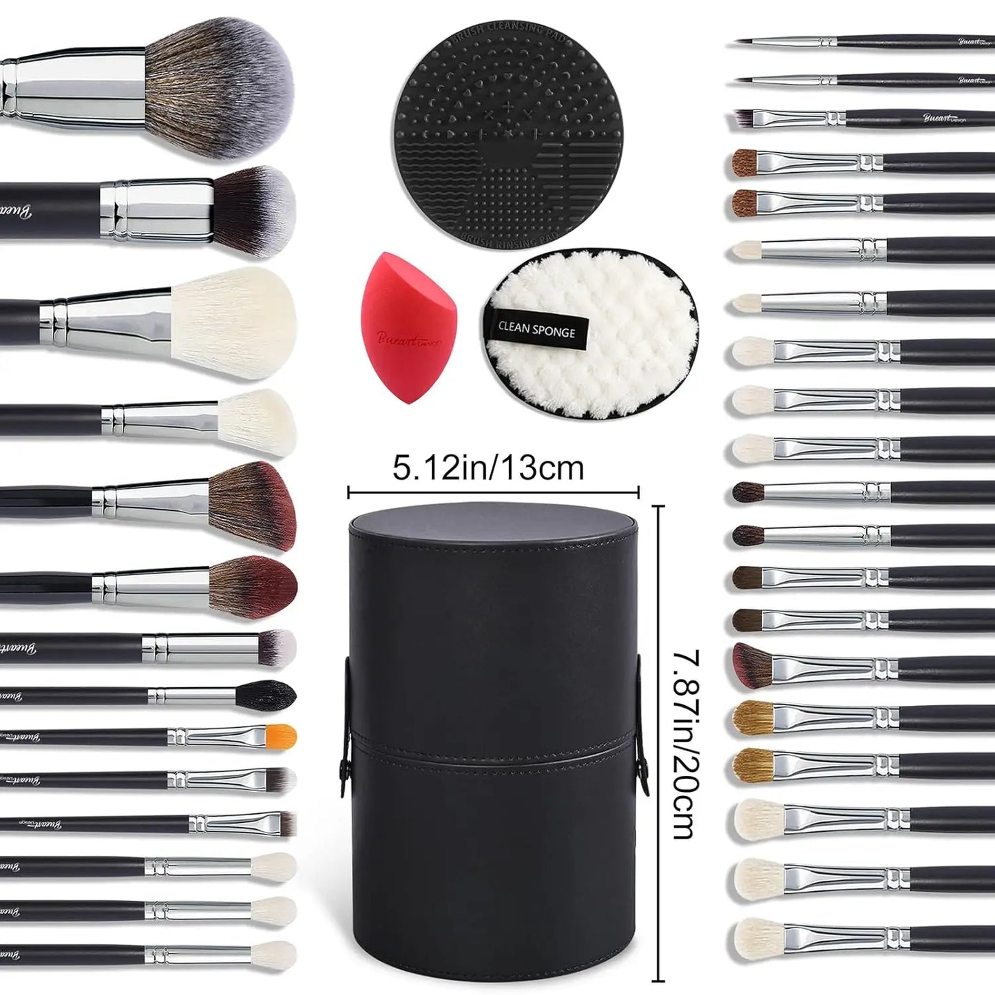 34Pcs Deluxe Real Goat Hair Makeup Brushes Set with Large Holder, Professional Labeled Natural Pony Hair