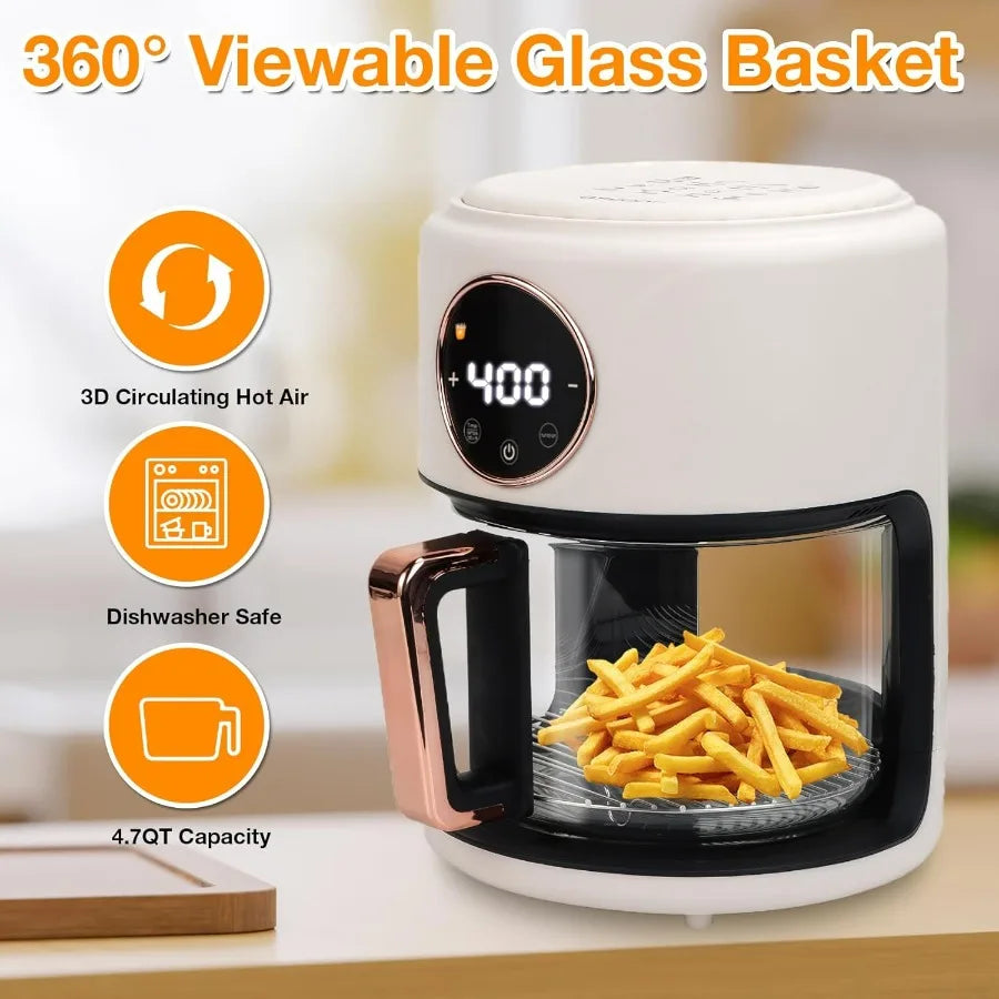 4.7QT Glass Air Fryer with 360 Viewable Glass Non-Toxic 6-in-1 Preset Cook Modes Digital Display Adjustable Temp 100F-400F Nons
