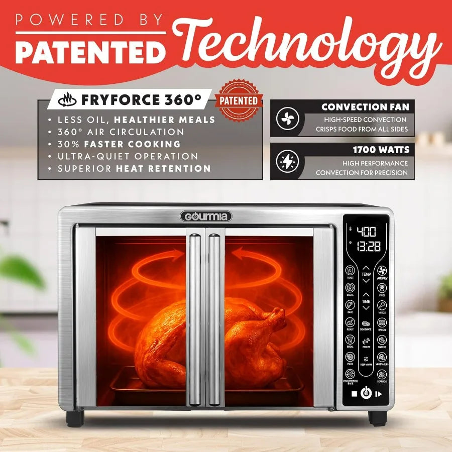 French Door Air Fryer 25 Qt Large Ccity Convection Oven with 360 Circulation Digital Display 17 Cooking Presets Bake Toast Roas