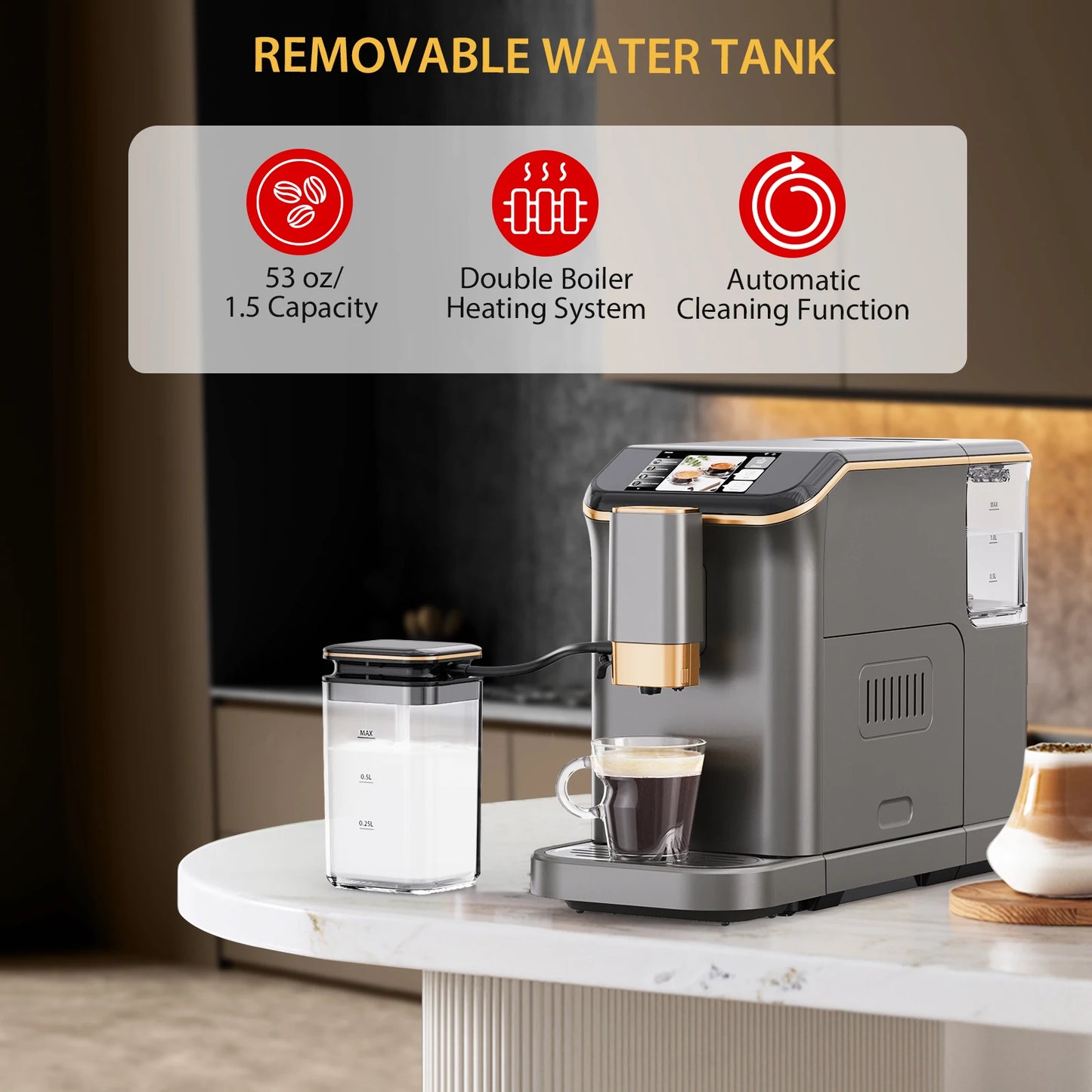 Fully Automatic Espresso Machine, 20 Bar Coffee Machine with Grinder & Automatic Milk Frother, 6 Coffee Varieties Coffee Maker