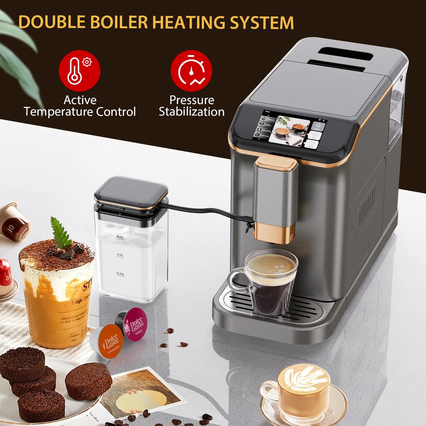 Fully Automatic Espresso Machine, 20 Bar Coffee Machine with Grinder & Automatic Milk Frother, 6 Coffee Varieties Coffee Maker