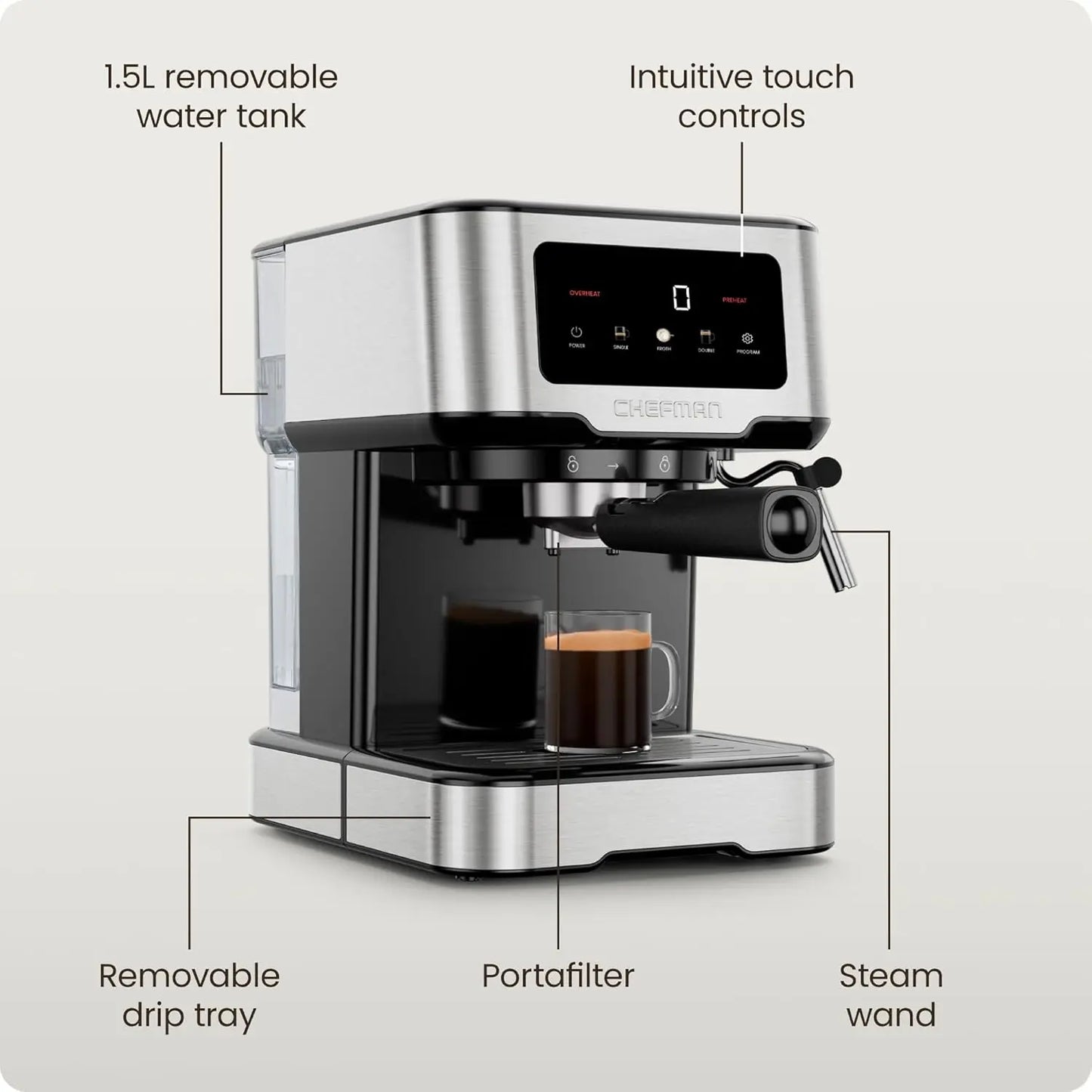15-Bar Digital Espresso Machine with Steam Wand for Lattes, Compact Design and Removable Water Tank
