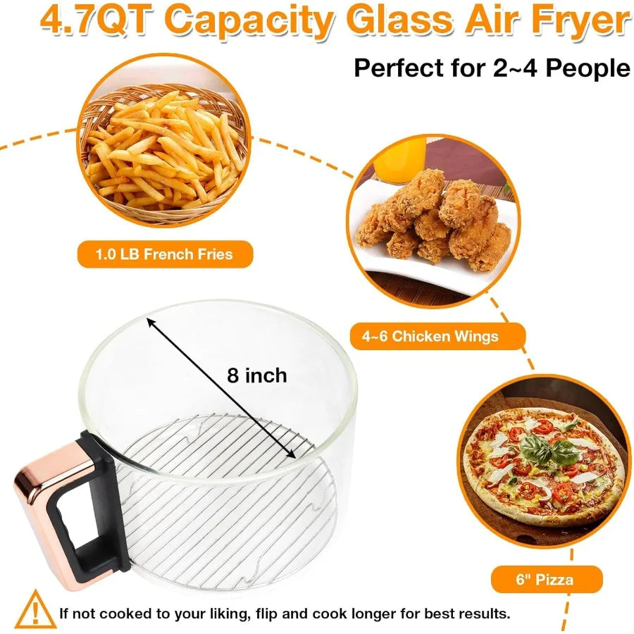 4.7QT Glass Air Fryer with 360 Viewable Glass Non-Toxic 6-in-1 Preset Cook Modes Digital Display Adjustable Temp 100F-400F Nons