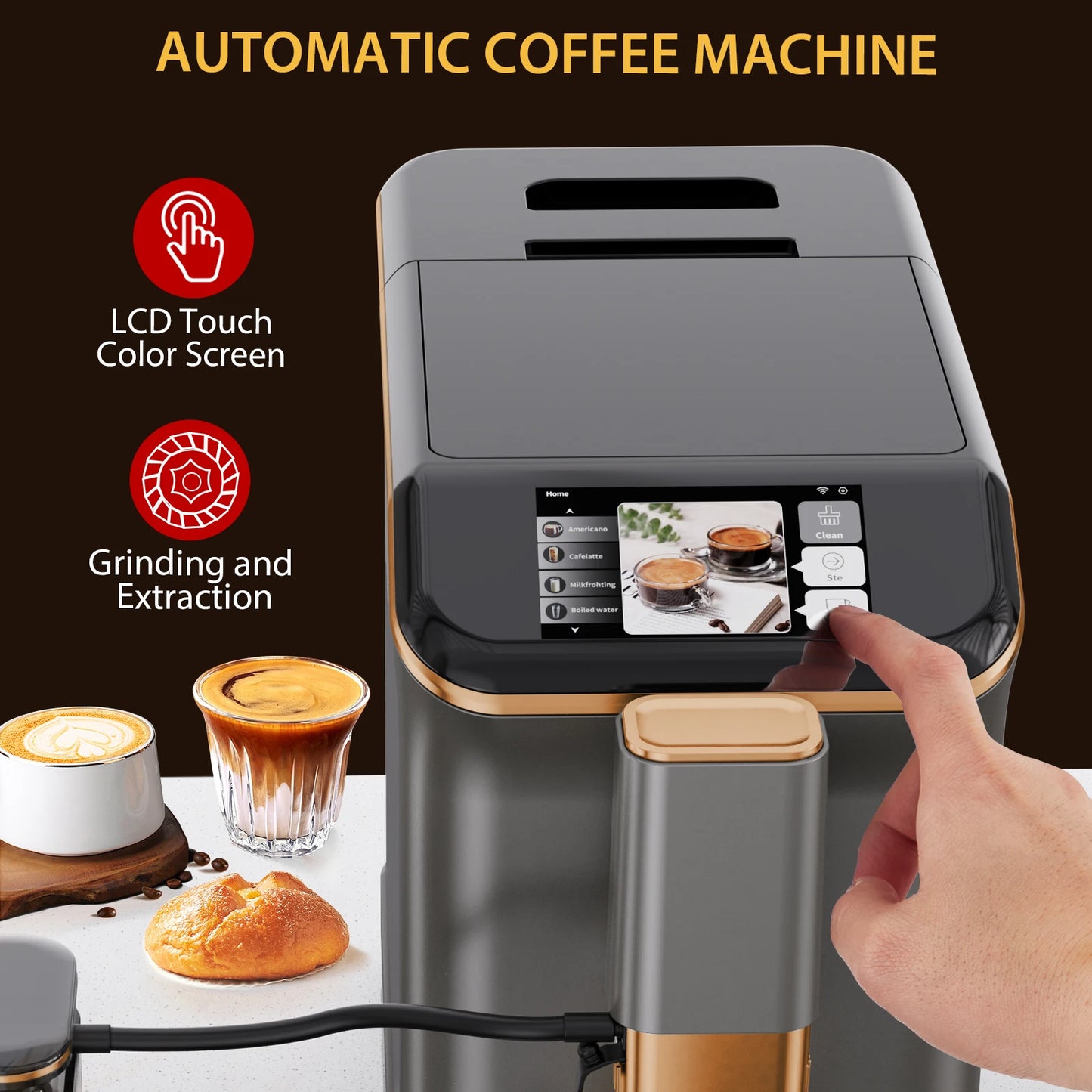 Fully Automatic Espresso Machine, 20 Bar Coffee Machine with Grinder & Automatic Milk Frother, 6 Coffee Varieties Coffee Maker