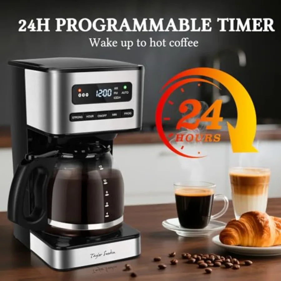 Programmable 12 Cup Coffee Maker for Home/Office Black Stainless Steel Drip Coffee Machine with 4 Brew Strength LED Display 24H