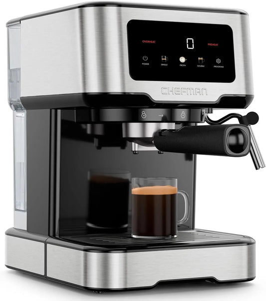 15-Bar Digital Espresso Machine with Steam Wand for Lattes, Compact Design and Removable Water Tank