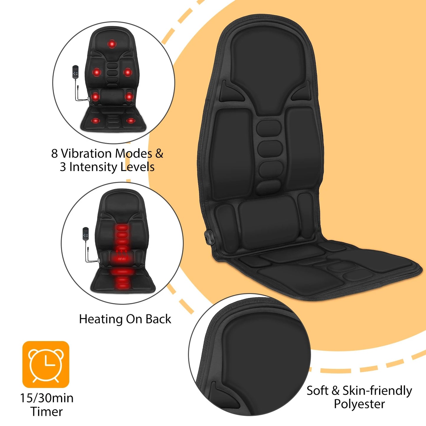 Back Massager Seat Cushion Electric Massage Car Seat Cushion with Heating Function 8 Vibration Modes 3 Intensity Levels