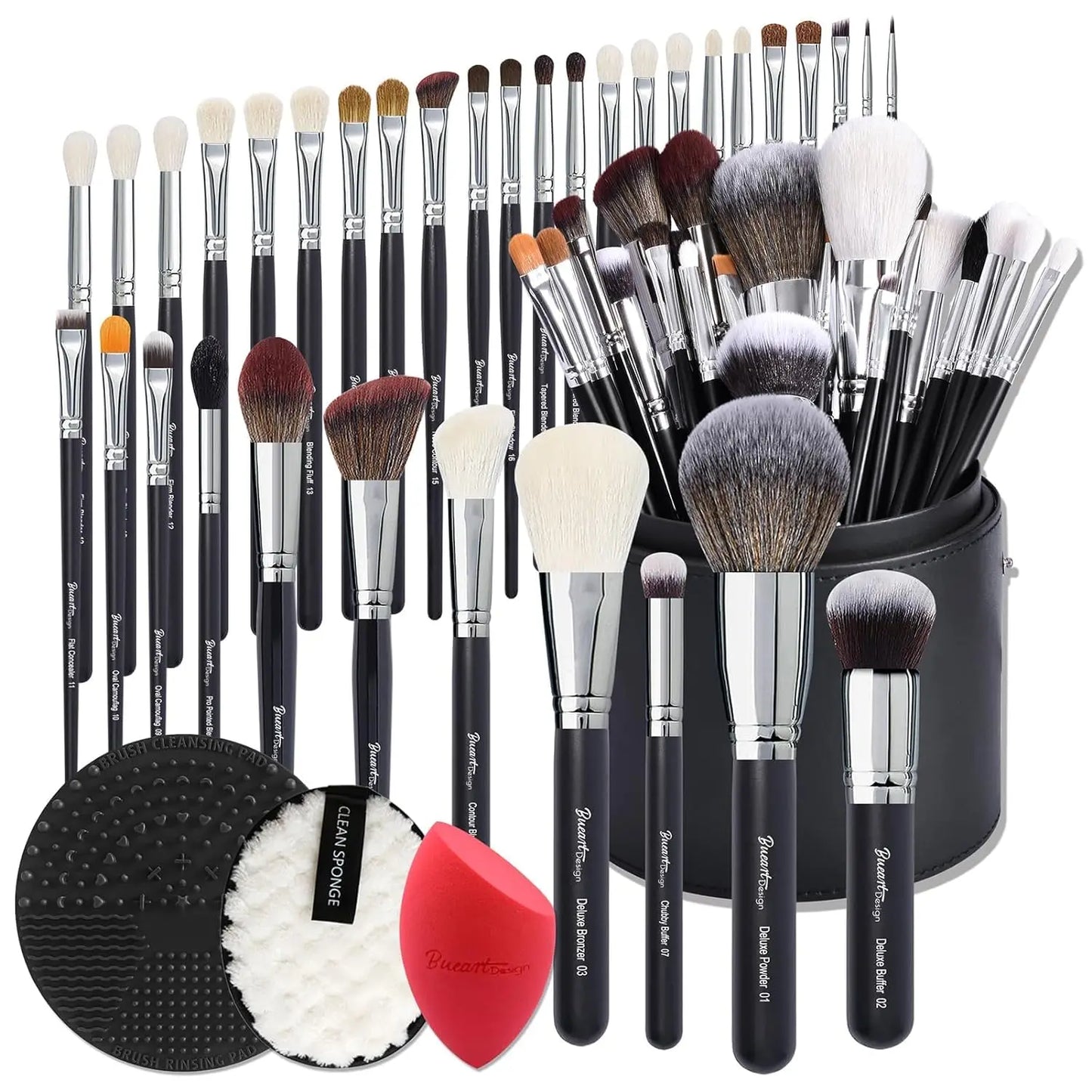 34Pcs Deluxe Real Goat Hair Makeup Brushes Set with Large Holder, Professional Labeled Natural Pony Hair