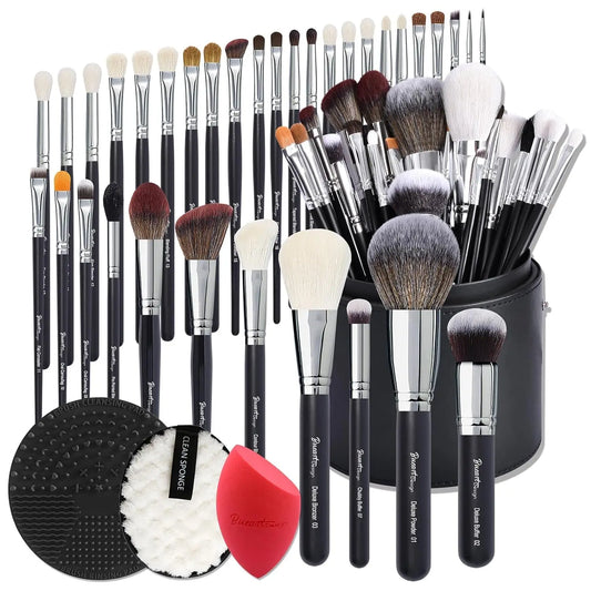 34Pcs Deluxe Real Goat Hair Makeup Brushes Set with Large Holder, Professional Labeled Natural Pony Hair