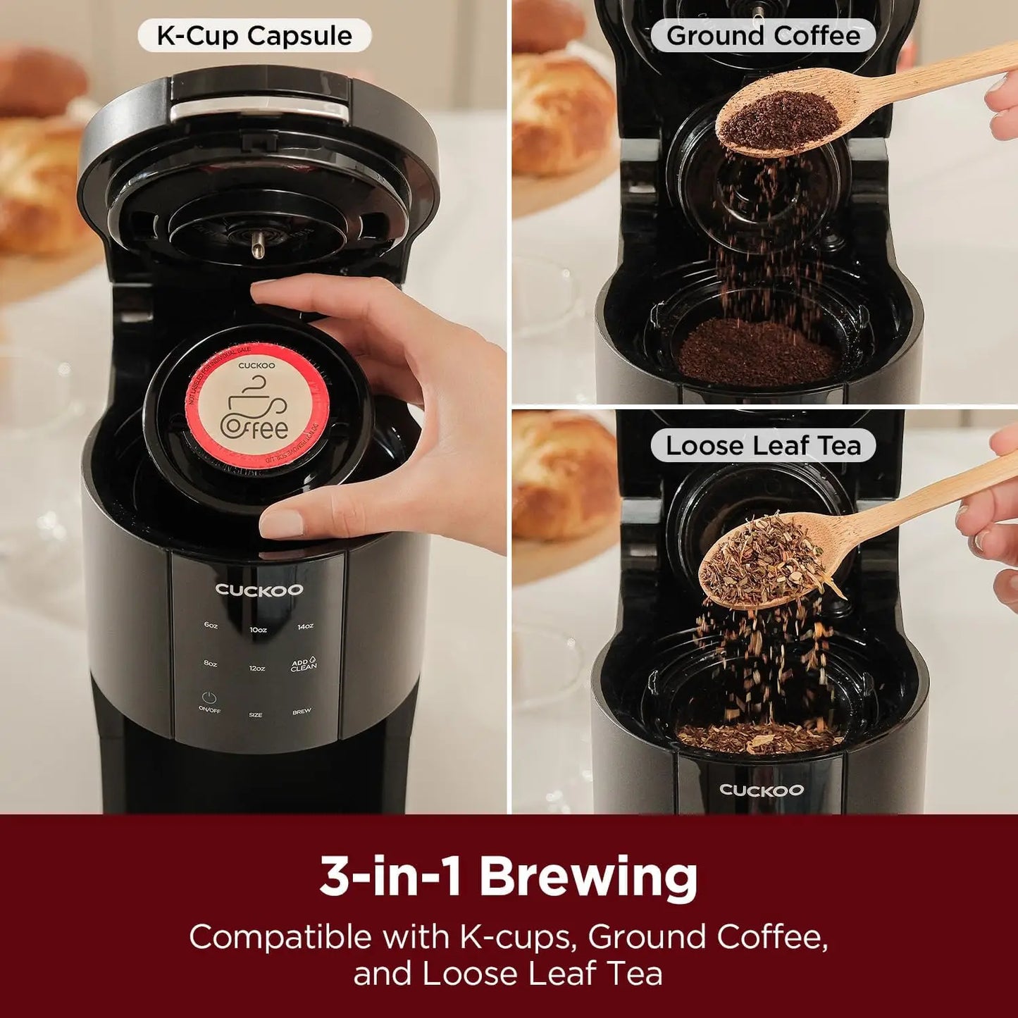 Single Serve Coffee Maker for K-Cup Ground Beans & Loose-Leaf Tea, Versatile 3-in-1 Pod Coffee Maker, Small Single Cup Machine w