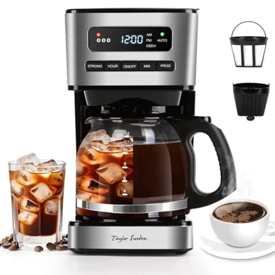 Programmable 12 Cup Coffee Maker for Home/Office Black Stainless Steel Drip Coffee Machine with 4 Brew Strength LED Display 24H
