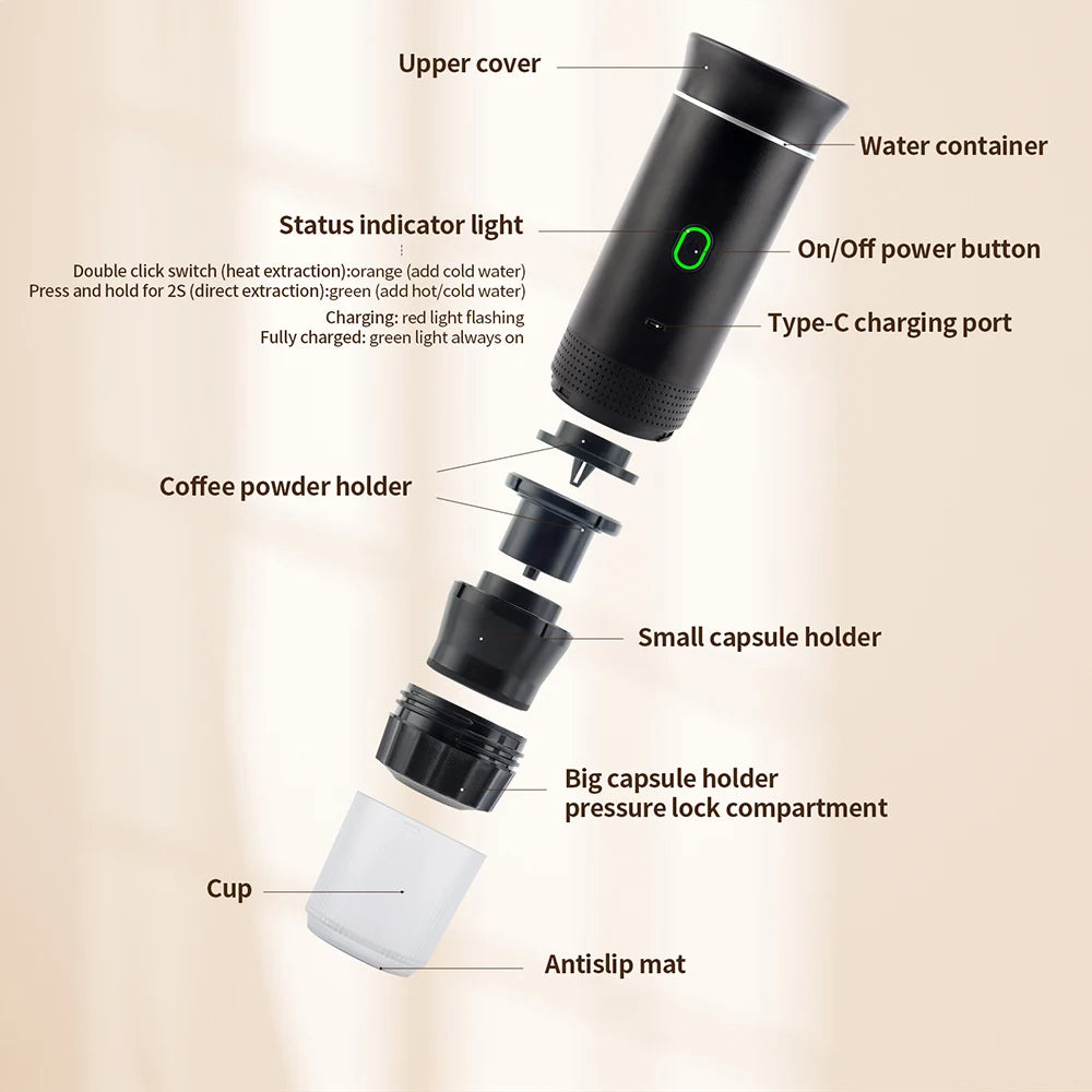 Wireless Electric Portable Espresso Coffee Machine for Car & Home Camping Coffee Maker 3-in-1 Capsule Powder Travel Coffee Maker