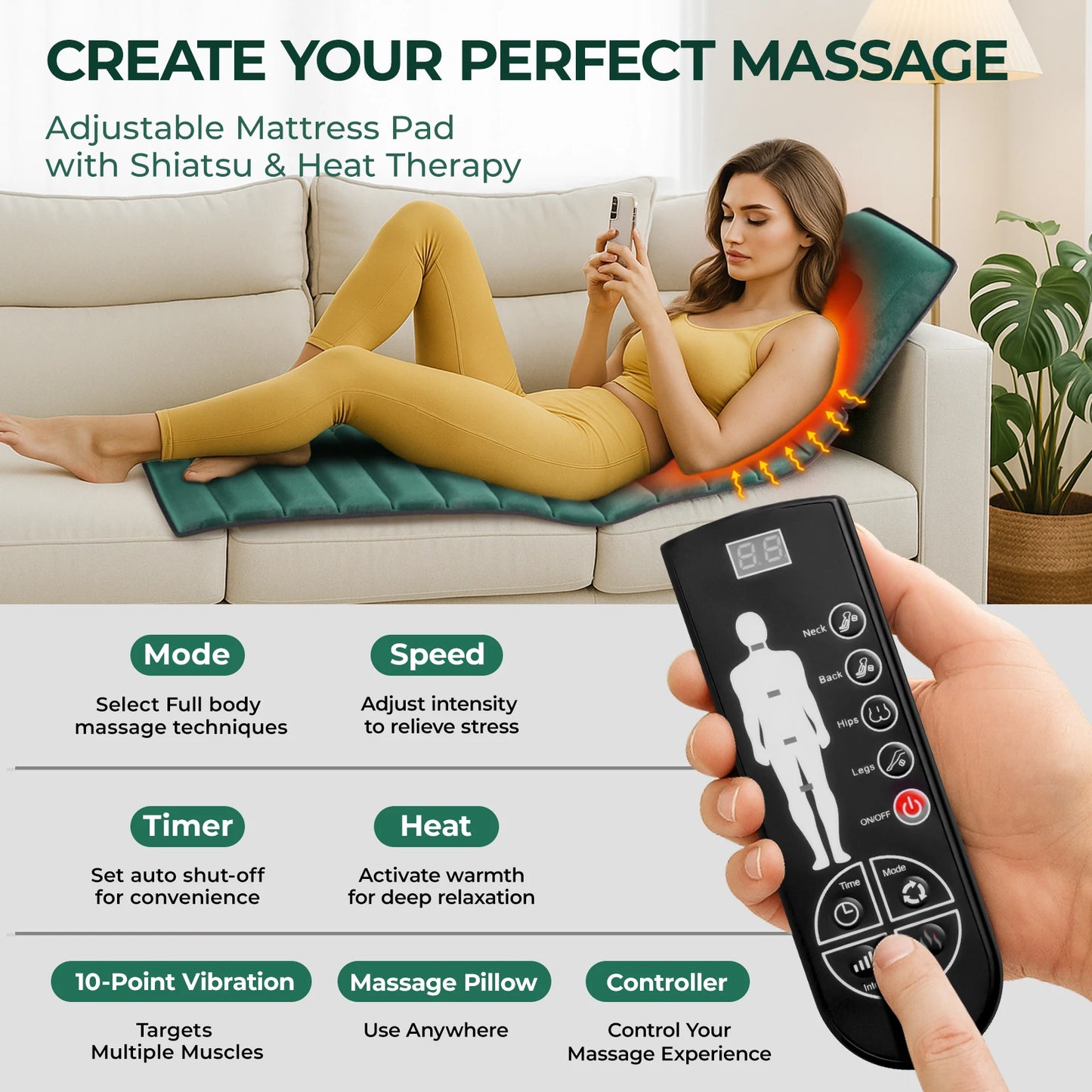 Full Body Massage Mat with Heat, Detachable Massager Pad Deep Tissue Pain Relief,10 Vibrating Motors and 9 Speed Settings Relax