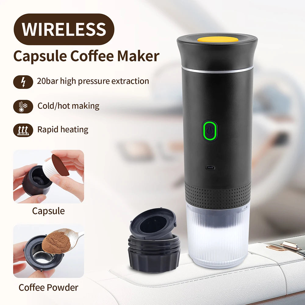 Wireless Electric Portable Espresso Coffee Machine for Car & Home Camping Coffee Maker 3-in-1 Capsule Powder Travel Coffee Maker