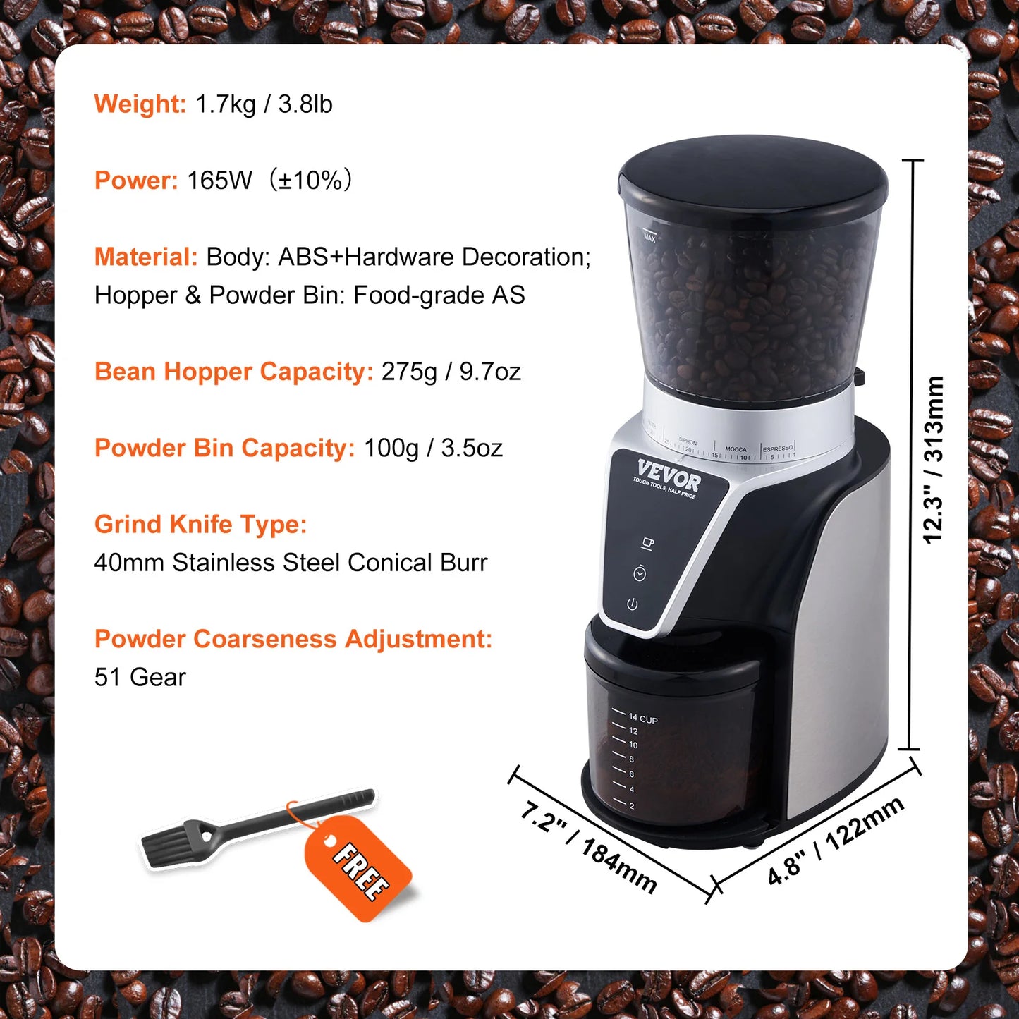 VEVOR 40MM Conical Burr Grind Setting Coffe Bean Electric Grinder Mocha Espresso Adjustment Coffee Machine for Home and Kitchen