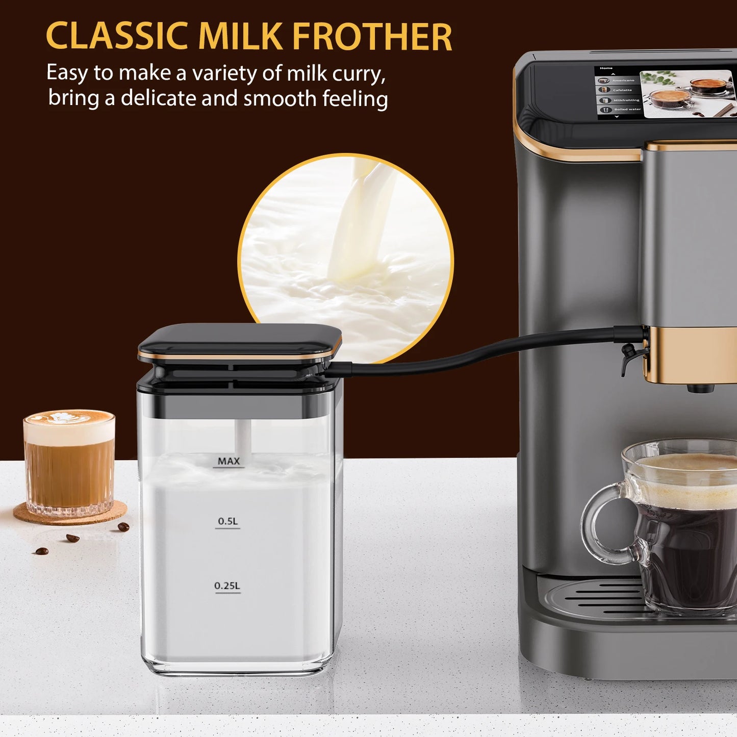 Fully Automatic Espresso Machine, 20 Bar Coffee Machine with Grinder & Automatic Milk Frother, 6 Coffee Varieties Coffee Maker